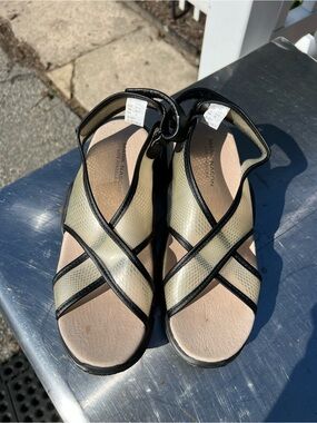 Mark Nason Beige and Black Crisscross Sandals